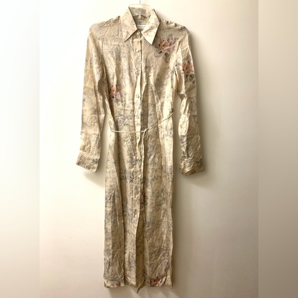 Dries Van Noten Doud Painted Poppy Long Sleeve Silk Midi Shirtdress No Belt 34/4